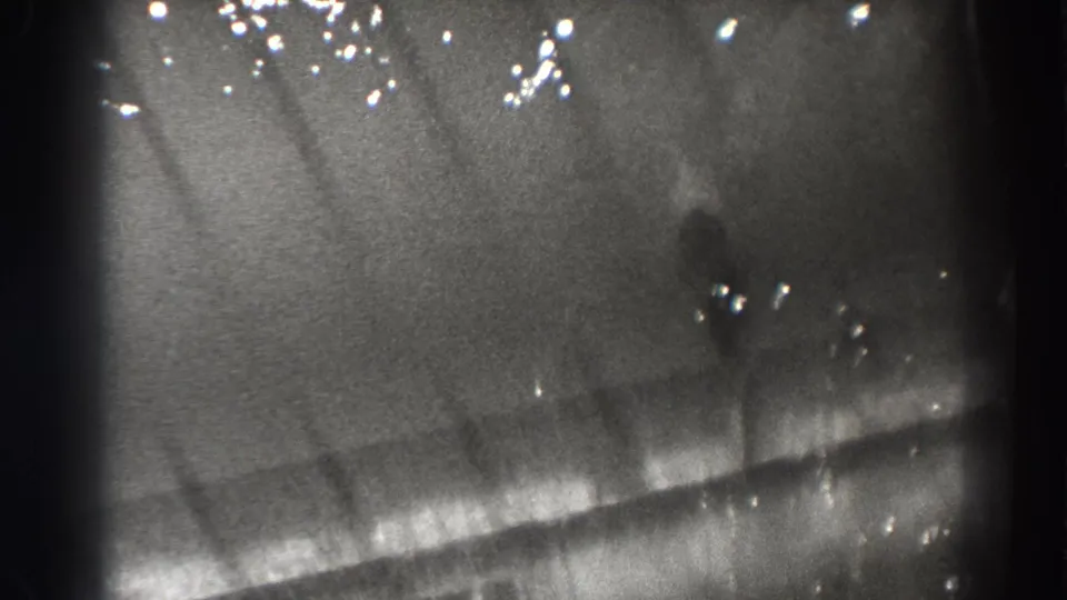A fish appears below the water surface at Bonneville Dam, Oregon, seen through grainy black-and-white 8mm footage.