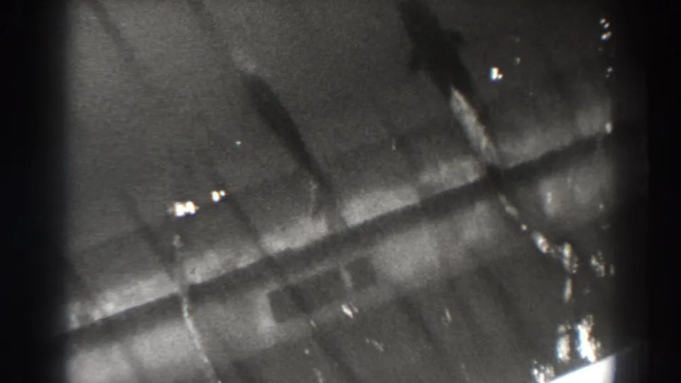 Black-and-white 8mm frame from Bonneville Dam showing a fish silhouette against a ribbed water-channel background.