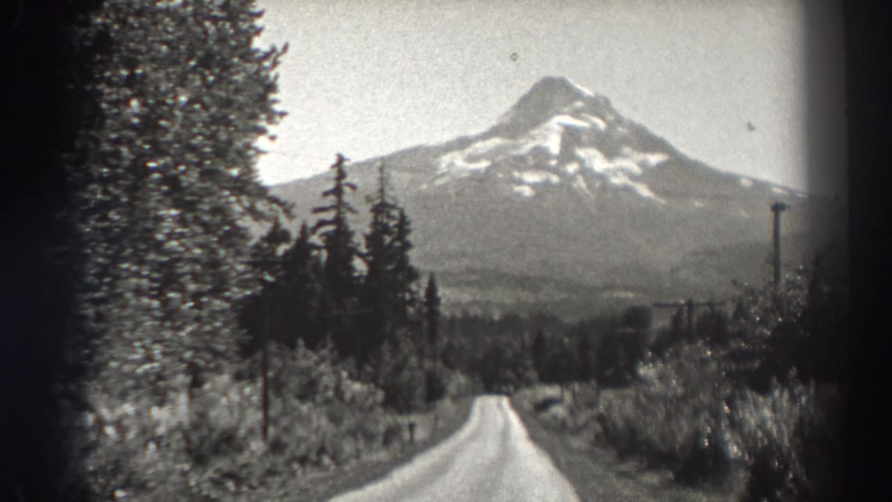 Mountain peak and evergreen roadside scene with a road receding into the distance.