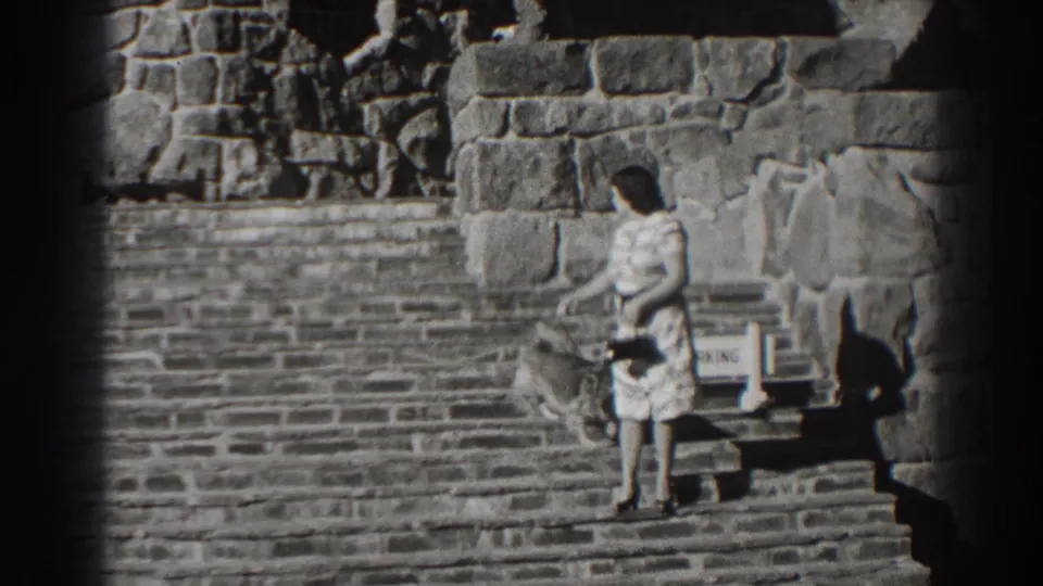 At Bonneville Dam in 1938, a woman in a light dress stands on stone steps as her dog moves near a stone wall and PARKING sign.