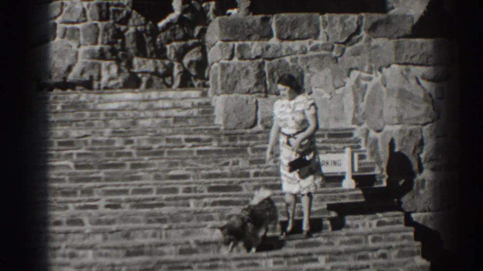 At the Bonneville Dam site, the woman stands on the staircase while the dog moves down the steps in black-and-white 8mm footage.