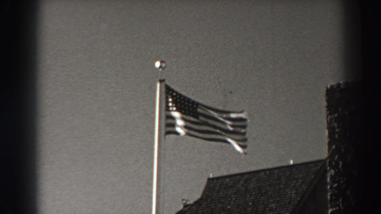 American flag flying on a pole above rooftops.