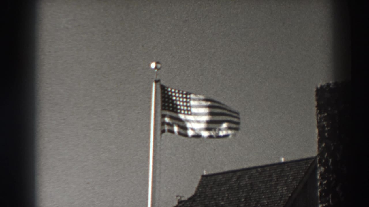 U.S. flag flying on a tall pole above a roofline.