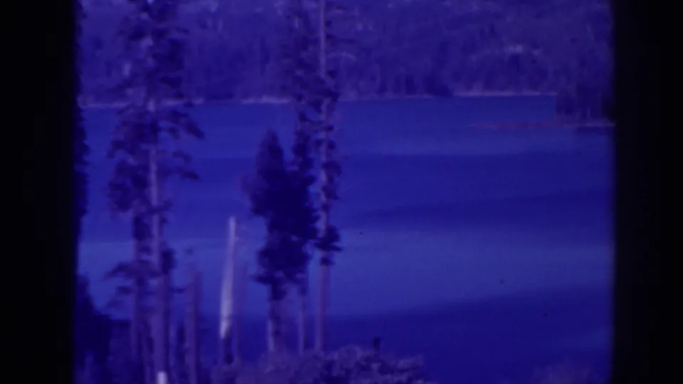 A blue-saturated 8mm frame shows Bucks Lake with foreground pines and a distant tree-covered shore.