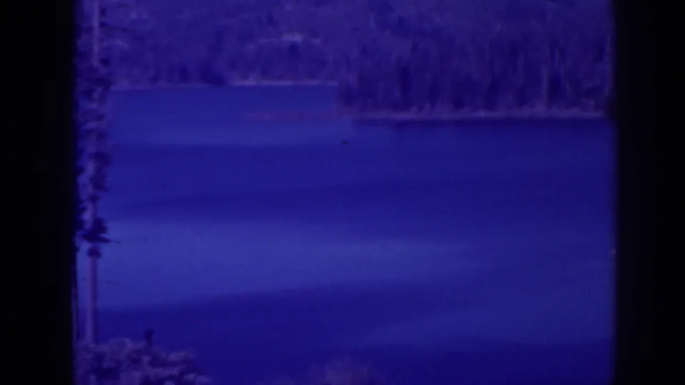 A late frame from the Bucks Lake home movie emphasizes open blue water, a partial pine, and distant trees.