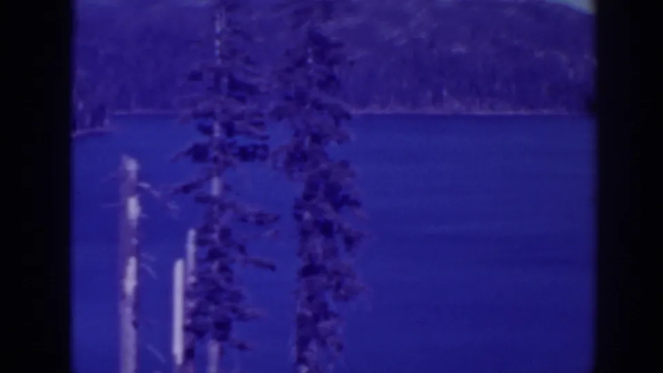 Late-1930s Bucks Lake frame showing calm water, foreground evergreens, and a wooded far shore in blue-tinted 8mm film.