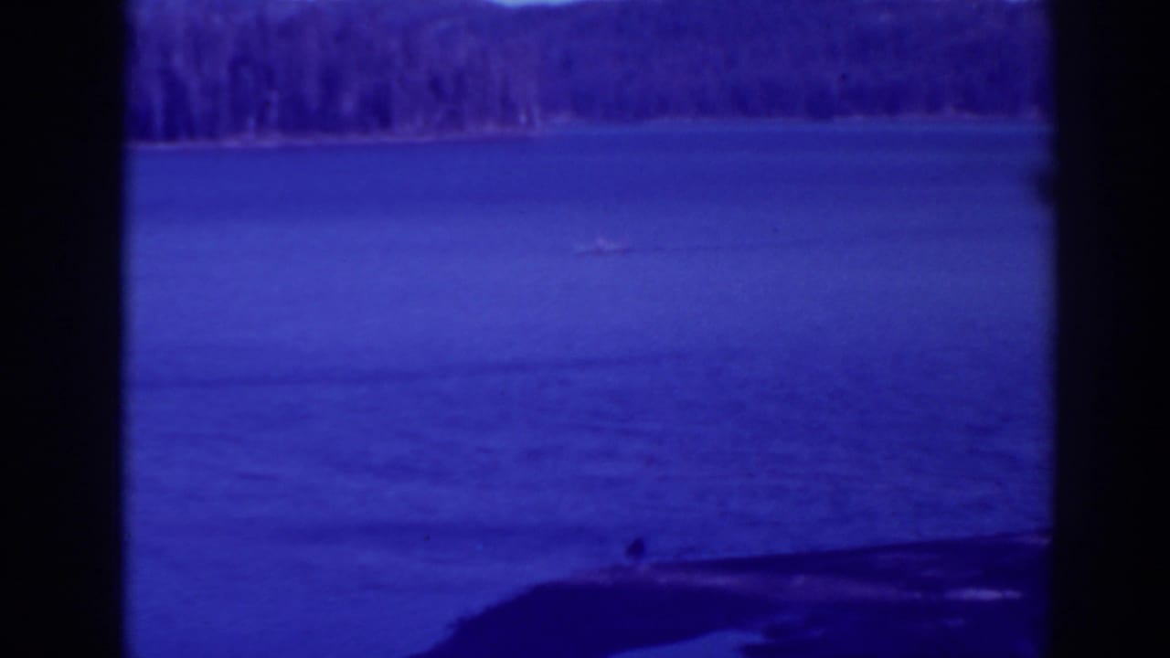 Blue-tinted lake with wooded shoreline and dark shore or dam edge in the foreground.