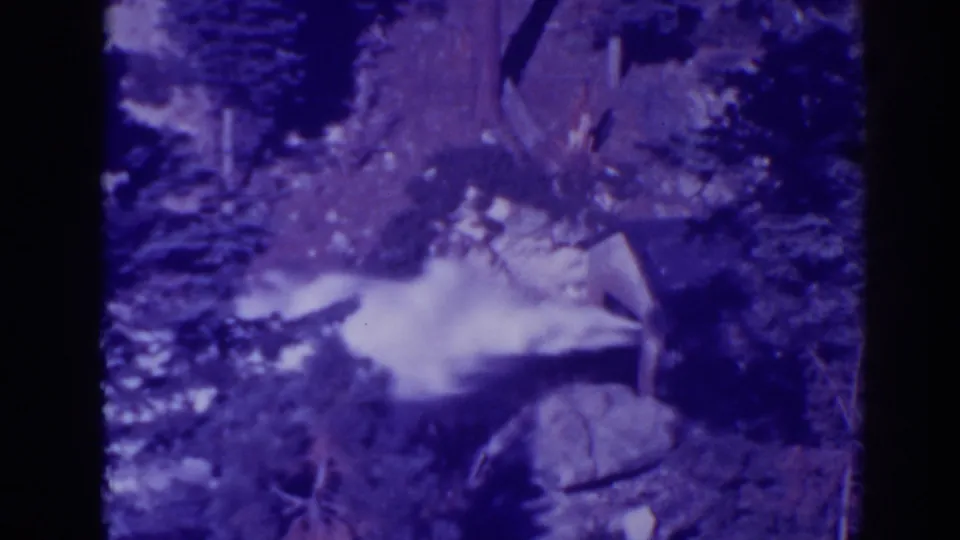 Late-1930s Bucks Lake footage showing foaming water, dark rocks, and tree cover in a grainy purple 8mm frame.