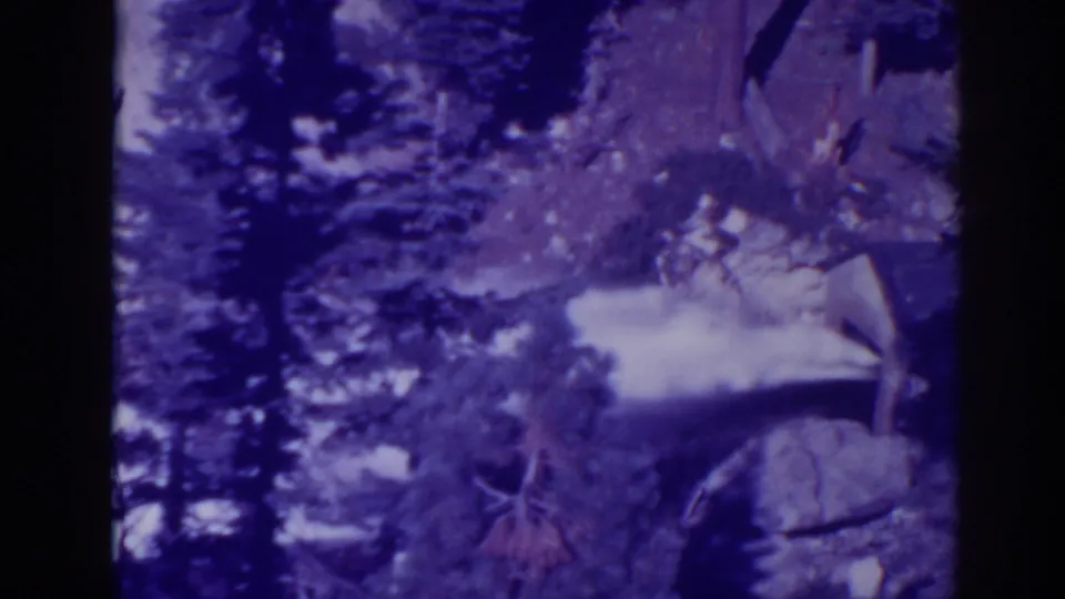 Purple-tinted 8mm view of a Bucks Lake waterfall framed by tall trees and rock formations.