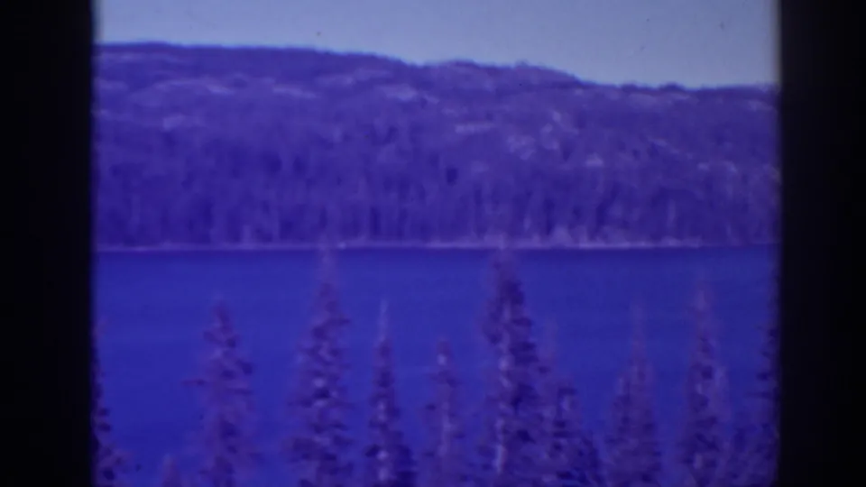 Bucks Lake, California, seen in 1938 8mm footage with blue water, pine treetops, distant hills, and dark frame borders.