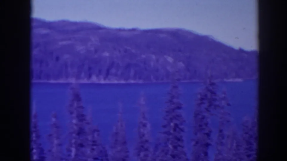 A 1938 Bucks Lake view across blue water toward a wooded hillside, with soft pine shapes in the foreground.