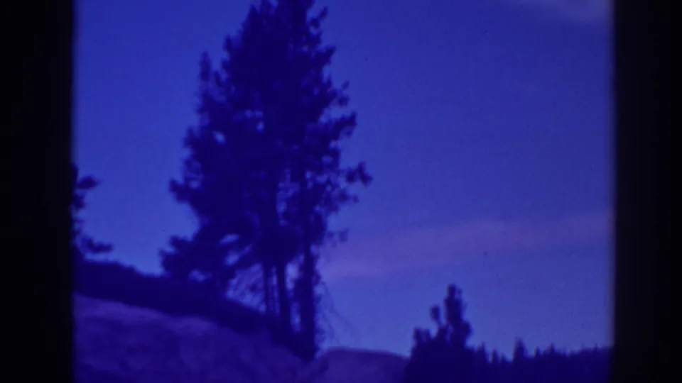 1938 Bucks Lake home-movie frame showing silhouetted evergreens against a dense purple-blue twilight sky.