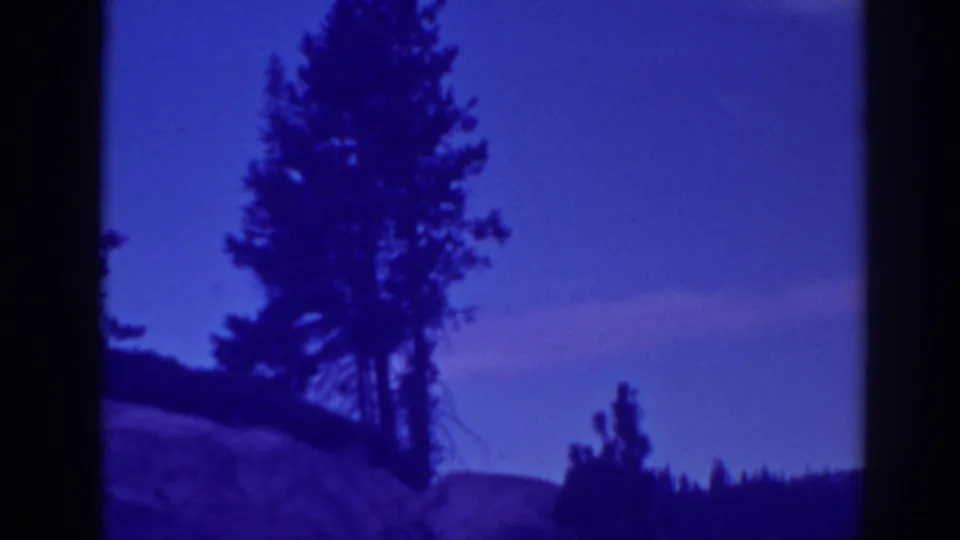 1938 8mm frame from Bucks Lake showing dark trees, pale sloped ground, and a saturated purple-blue sky.