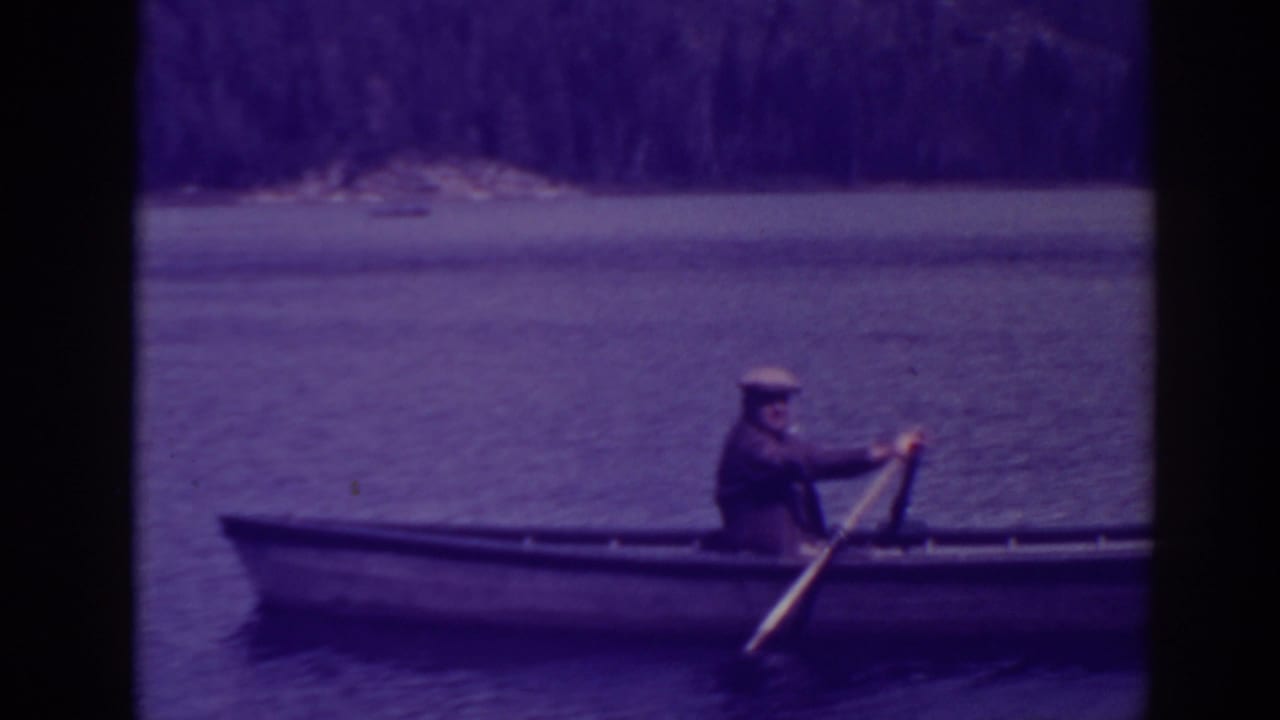 Man in a cap rows a small boat on a lake near a wooded shore.