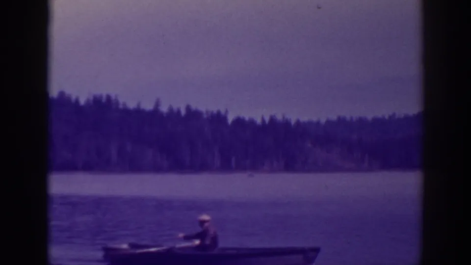 A lone adult rows across the purple-tinted Bucks Lake frame, with open water and a wooded ridge behind.