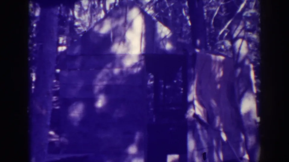 1938 Bucks Lake frame showing a small wooden lakeside structure or pier area among trees in dappled daylight.
