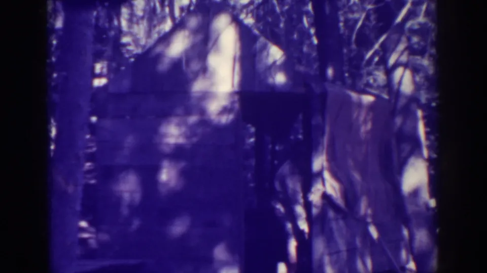 1938 8mm frame from Bucks Lake showing a shadowed wooden shed or outbuilding among trees with dappled light and heavy color shift.