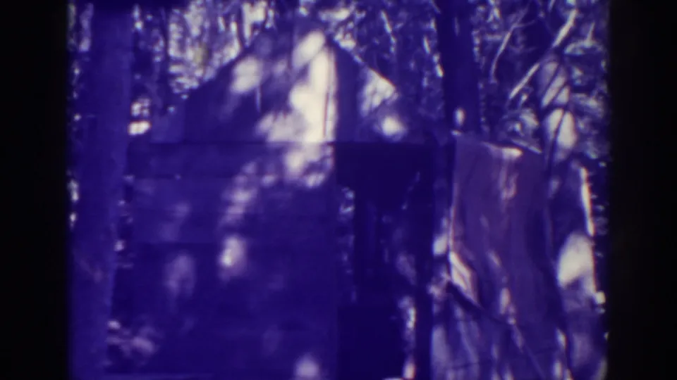 Bucks Lake home-movie frame showing the shed exterior partly obscured by tree shadows and soft 8mm grain.