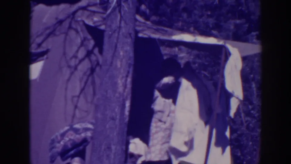 At Bucks Lake in 1938, a woman in a light dress appears at a canvas tent entrance beside a large tree.