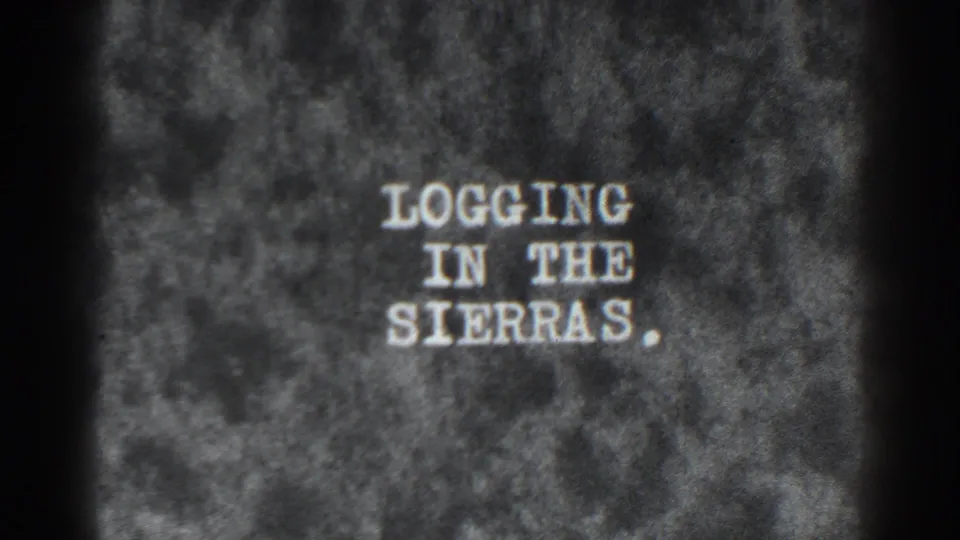 8mm title card for the Bucks Lake reel, with white block lettering reading LOGGING IN THE SIERRAS against a mottled dark background.