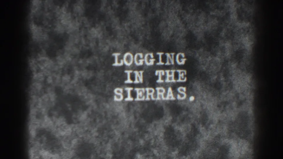 Late-1930s 8mm title-card frame showing the words LOGGING IN THE SIERRAS in white lettering with visible grain and frame edges.