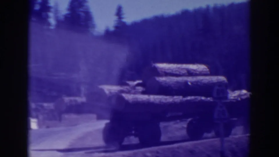 The loaded truck moves away along a Sierra forest road, leaving haze or dust in the soft 8mm frame.