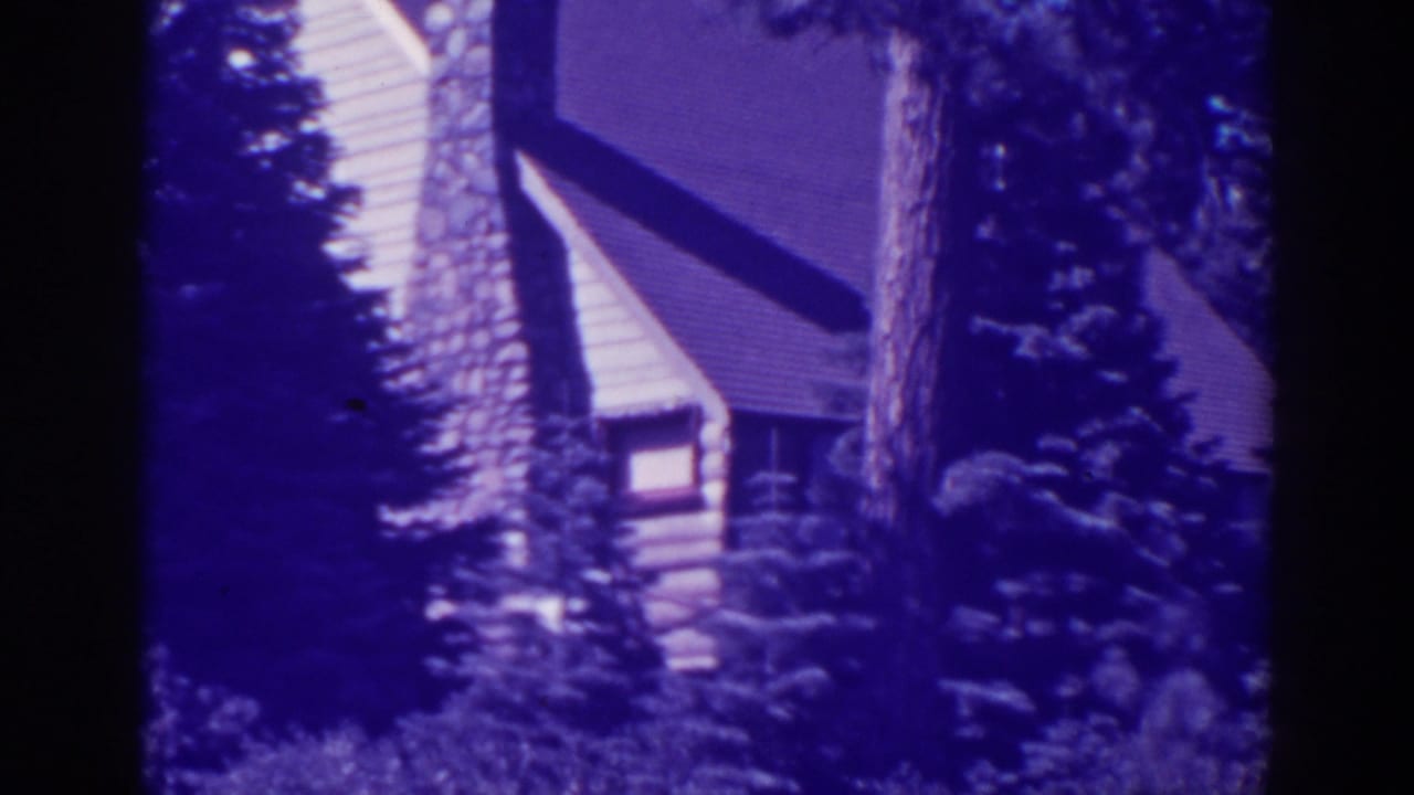 Bucks Lake cabin exterior in a purple-tinted 8mm frame, with a stone chimney and roof partly obscured by pines.