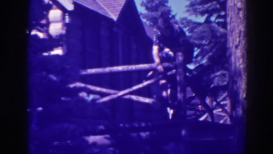 At Bucks Lake, a woman in a dark dress sits on a wooden porch railing beside the cabin, with a dog visible near her feet.