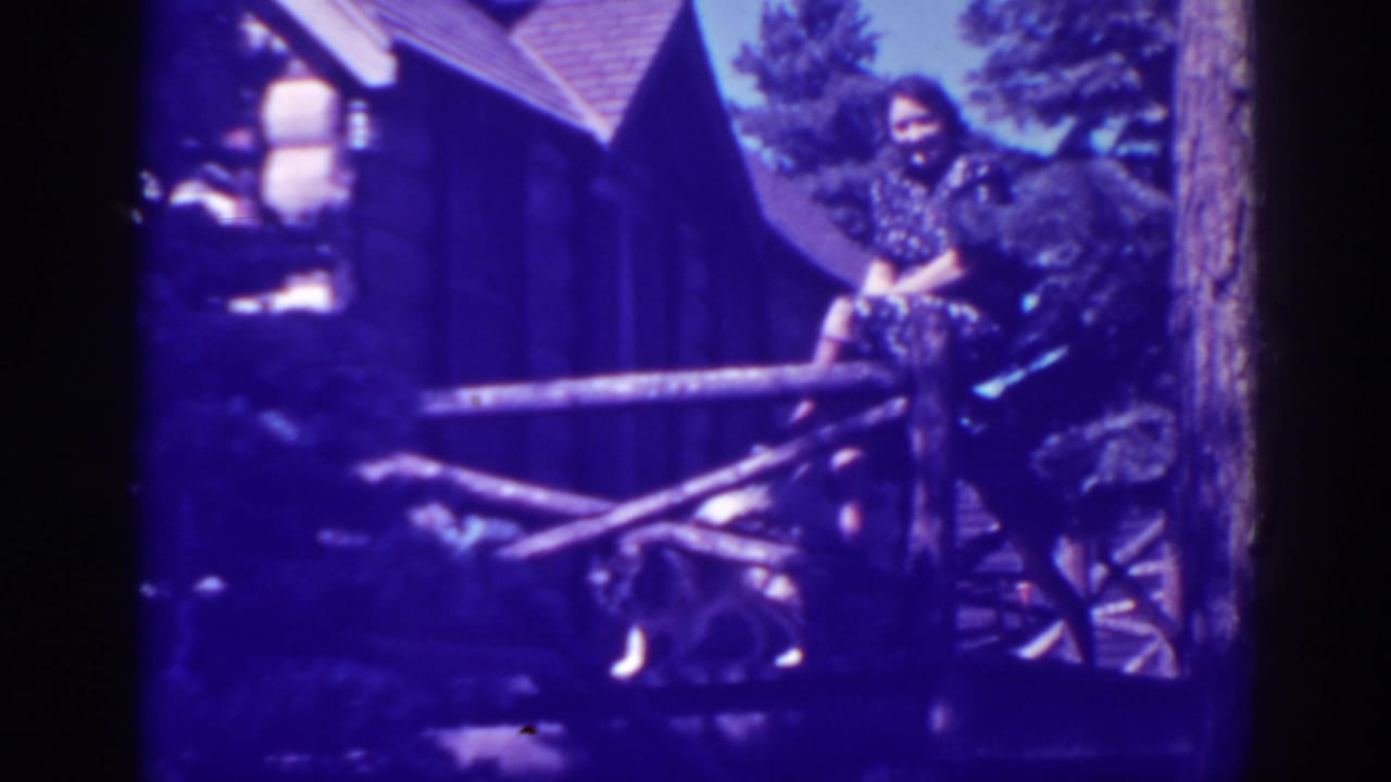 Woman seated on a porch railing, looking toward the camera as a dog stands below.
