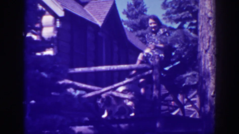 In the final frame, the woman remains on the Bucks Lake cabin porch as the dog moves through the lower foreground.