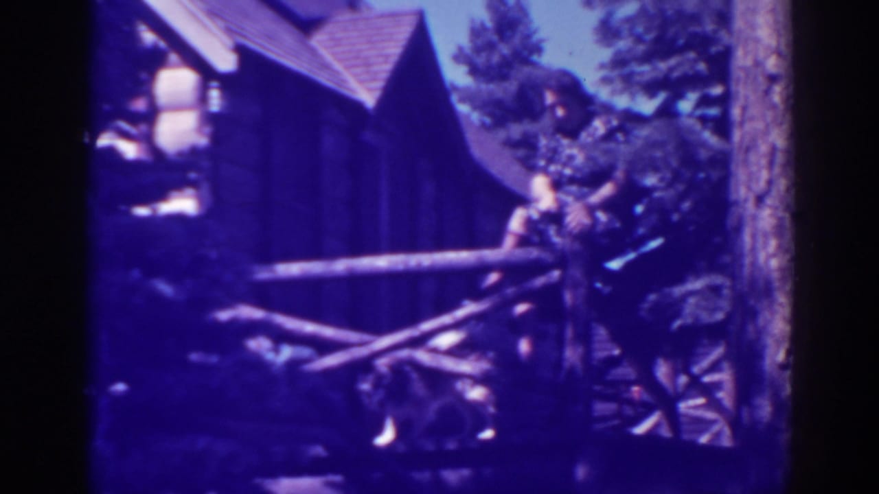 At Bucks Lake, California in 1938, a woman stands near a cabin porch with a small dog as a white rounded car appears at the edge of frame.