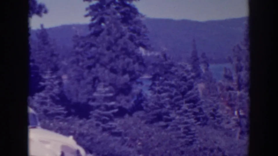 Bucks Lake landscape framed by tall pines, with the cropped front of a white vintage car at the lower edge.