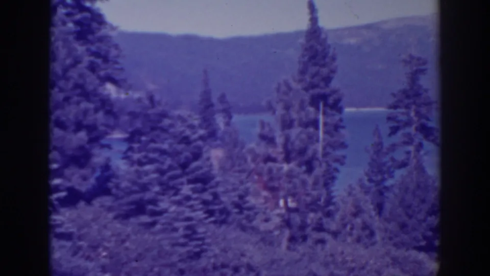 A slow pan view at Bucks Lake shows tall pines, shoreline water, and a wooded ridge under a pale sky.