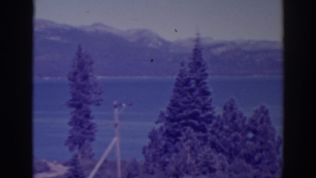 Lake and mountain ridge seen through pine trees, with a utility pole near the shore.