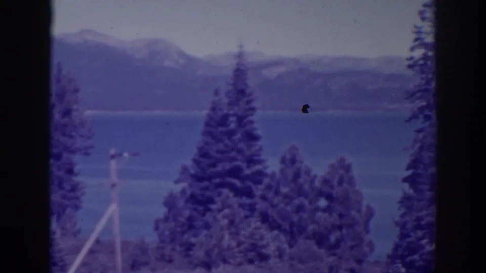1938 Bucks Lake home-movie frame showing pine trees, blue lake water, hazy mountains, and a utility pole near the lower edge.