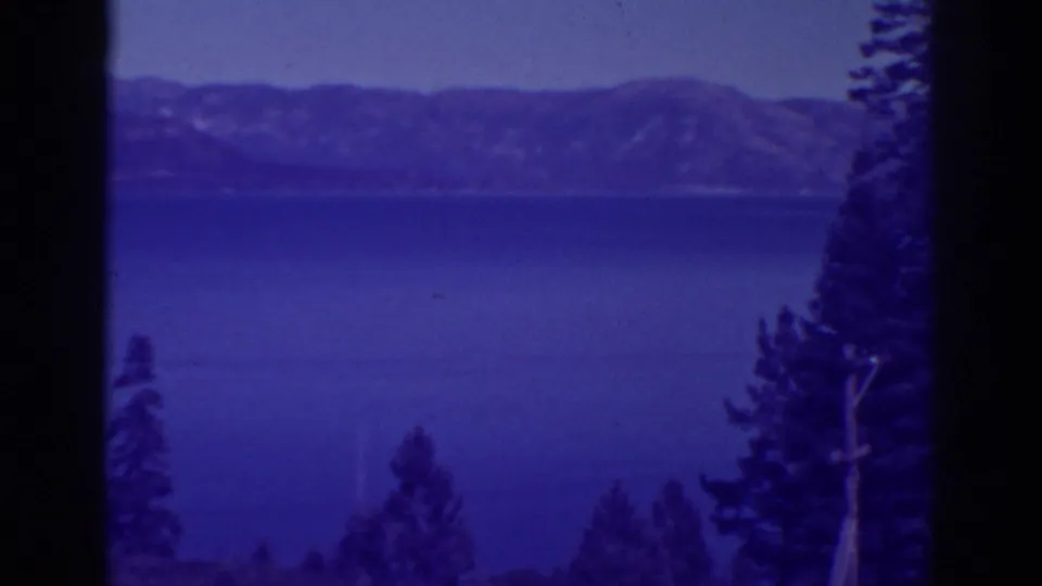 1938 Bucks Lake view with blue water, distant mountain ridge, and pine trees partly obscured by dark foreground trunks.