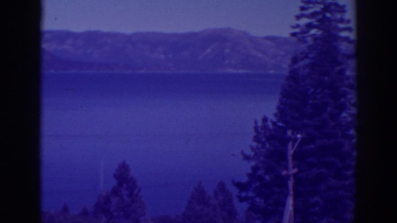 Blue lake, mountain ridge, and tall pine at the right edge of the frame.