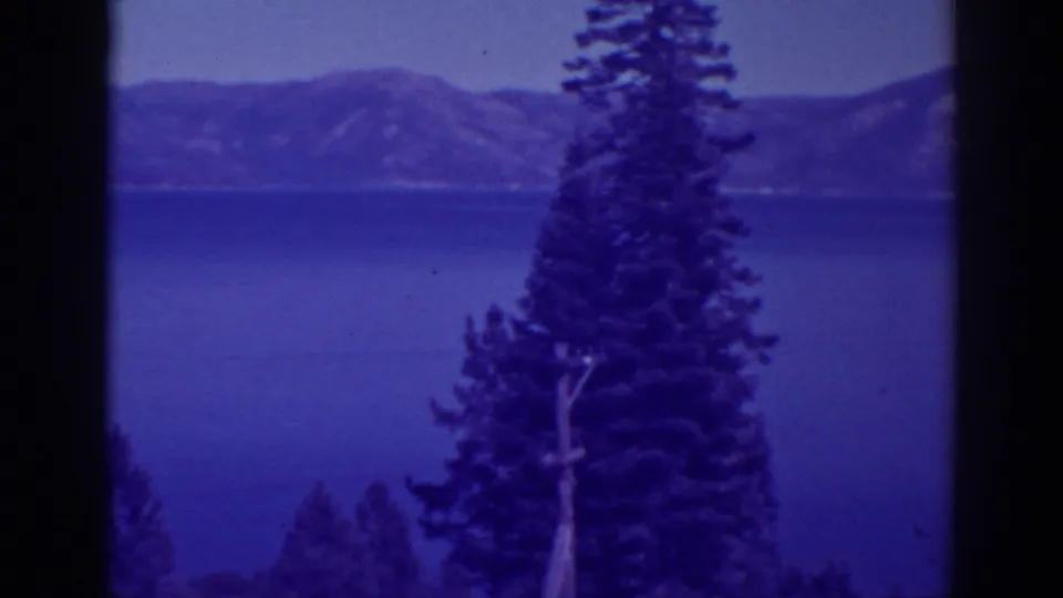 Late-1930s 8mm view of Bucks Lake with a pine tree in the foreground, blue water, and a distant mountain ridge.