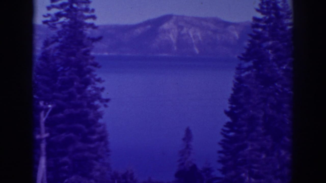 Blue-tinted lake view framed by dark pine trees with mountains across the water.