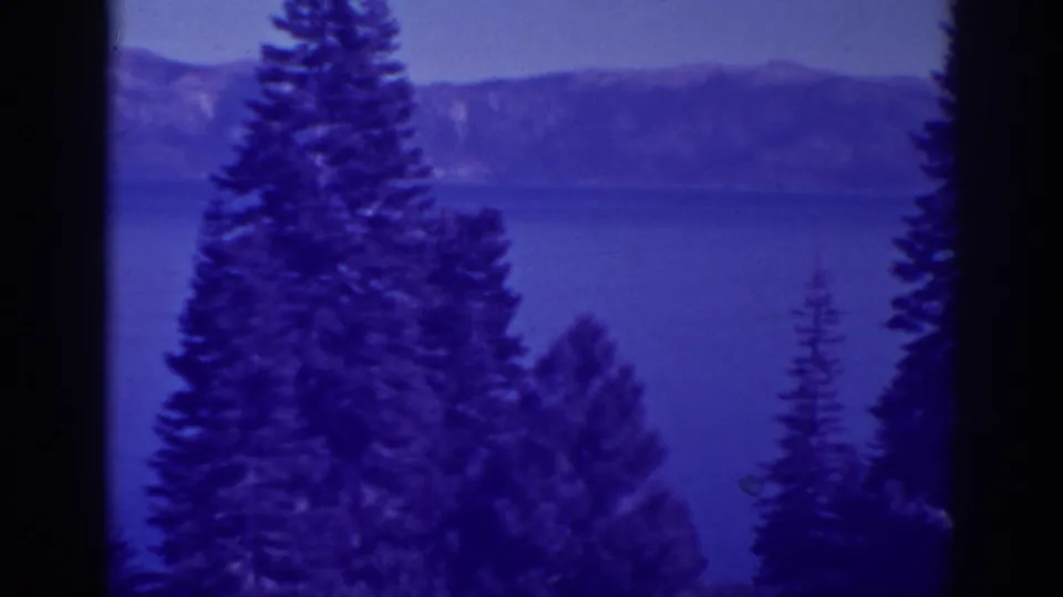 1938 8mm frame with a tall pine in front of a blue lake and hazy mountain ridge, seen through dark film borders.