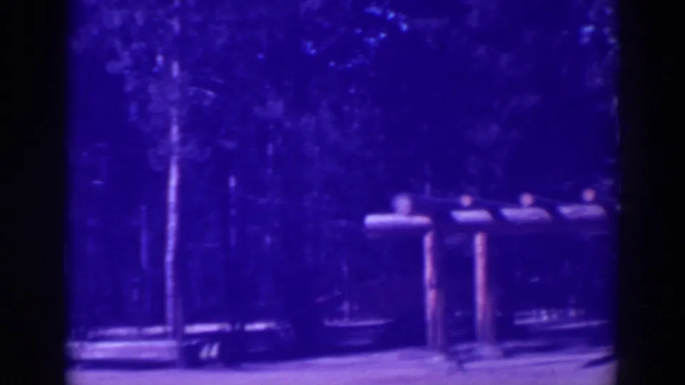 1938 home-movie frame showing the cabin porch edge, log posts, shaded woodland, and open ground during a slow pan.