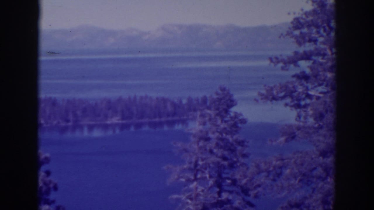 Blue lake with a forested island, distant mountains, and evergreen trees in the foreground.