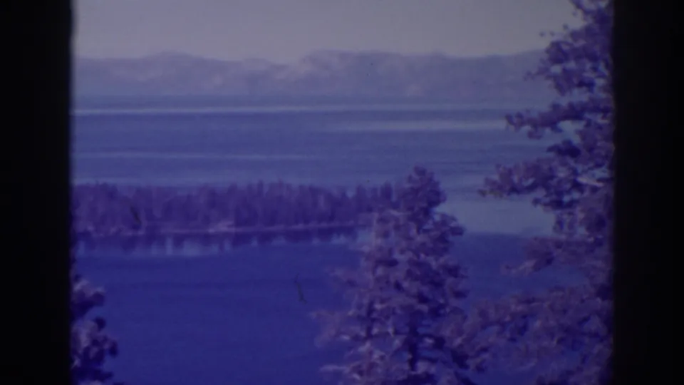 Emerald Bay landscape framed by evergreen branches, with a wooded island across the blue lake and a muted mountain range in the distance.