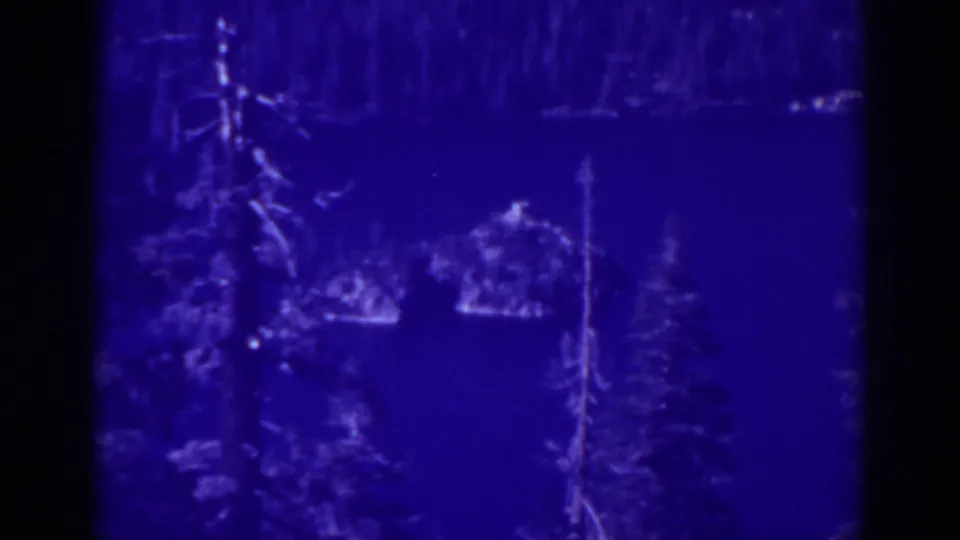 Late-frame 8mm view of Emerald Bay with foreground trees, blue lake water, wooded shore, and soft grain from the 1938 home movie.