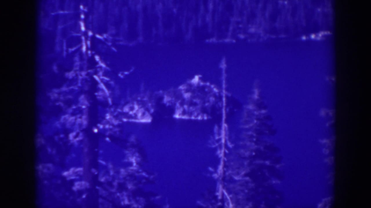 Similar blue lake view with trees framing a small island or rocky form.