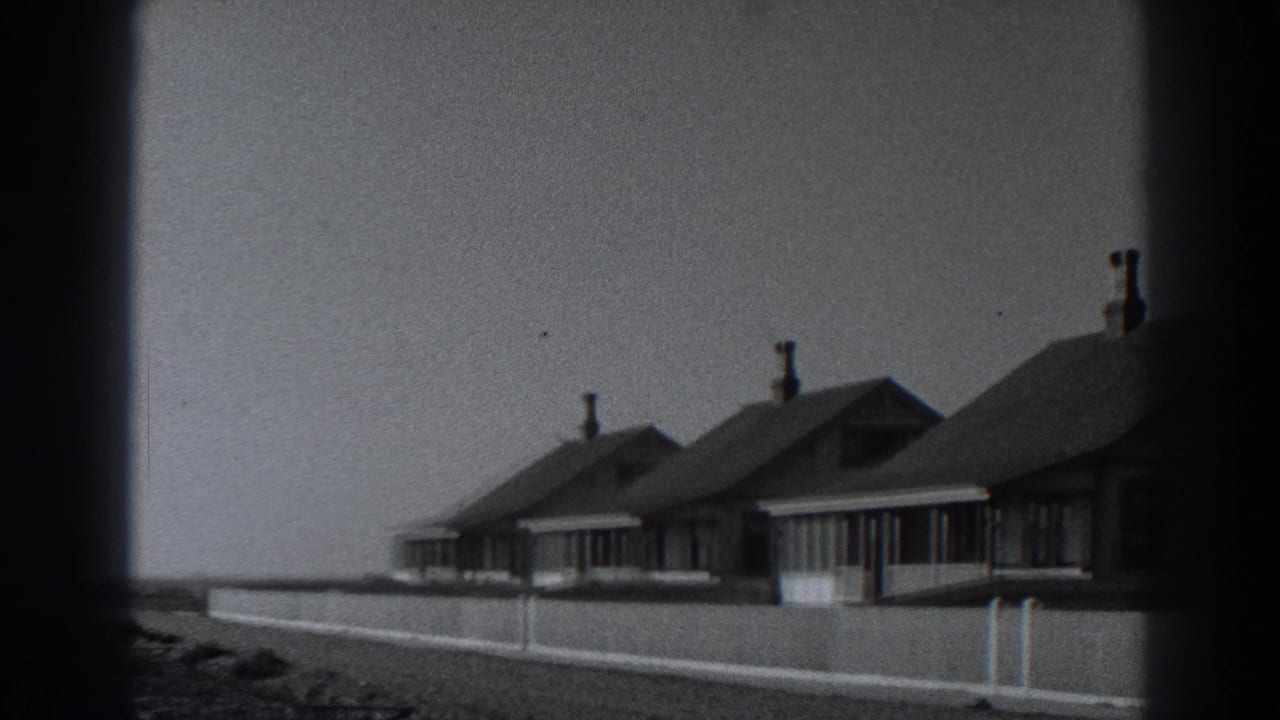 Row of low beach cottages behind a fence under a pale sky.
