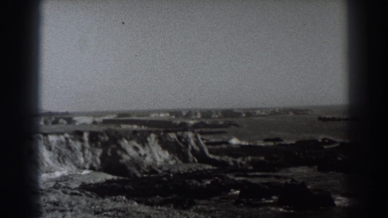 Black-and-white coastal view with rocky cliffs, surf, open water, and distant shoreline structures.