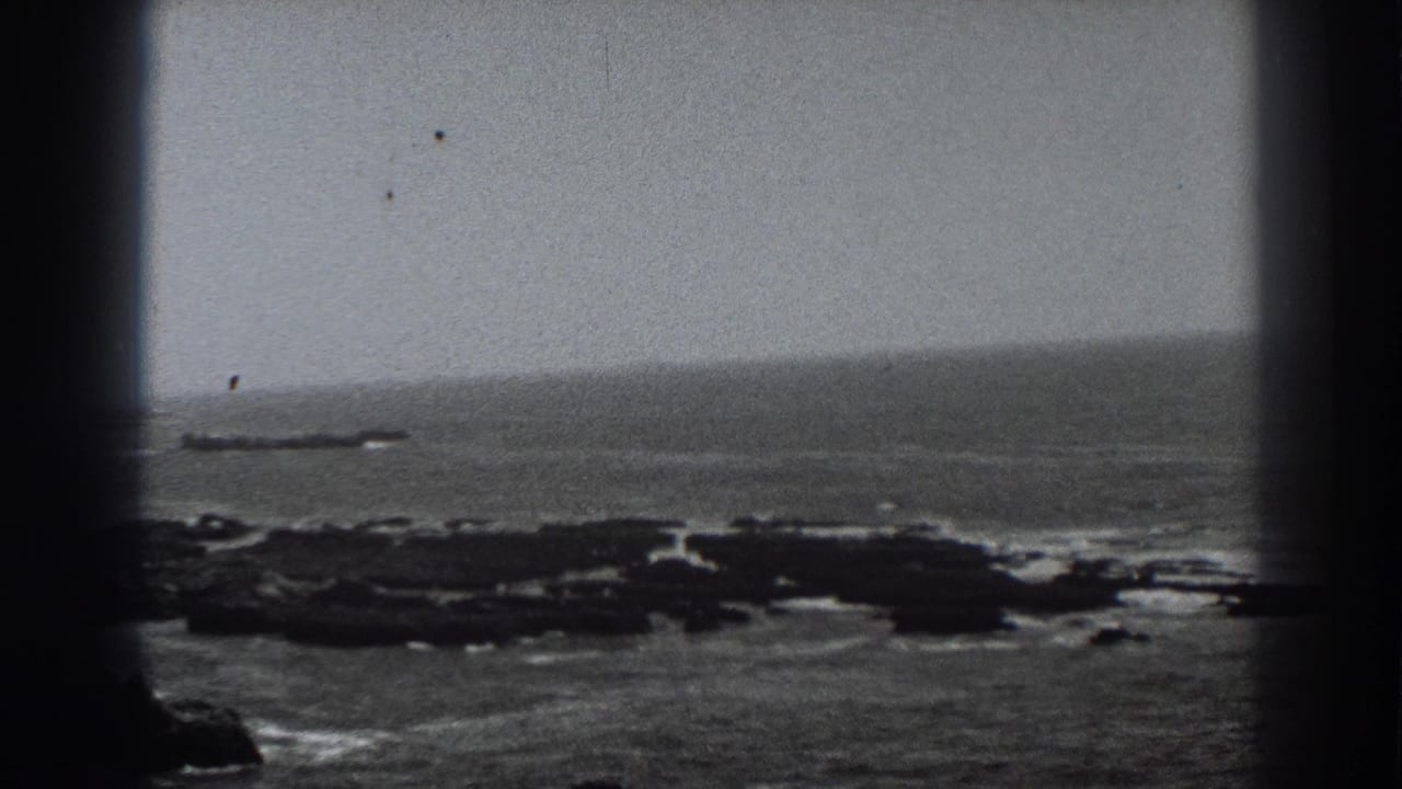 Hazy ocean horizon with dark rocks and surf, framed by heavy black film edges.