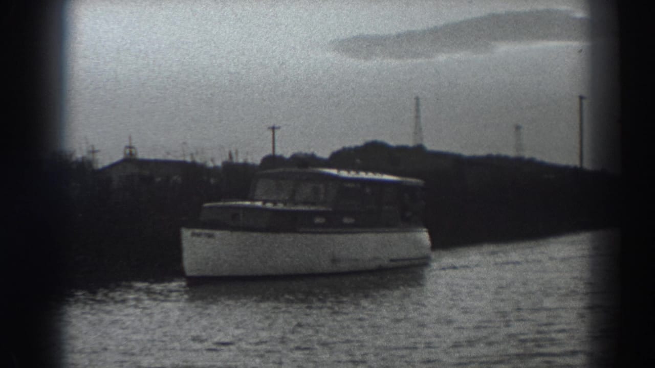Cabin motorboat on calm water near a low shoreline under a cloudy sky.