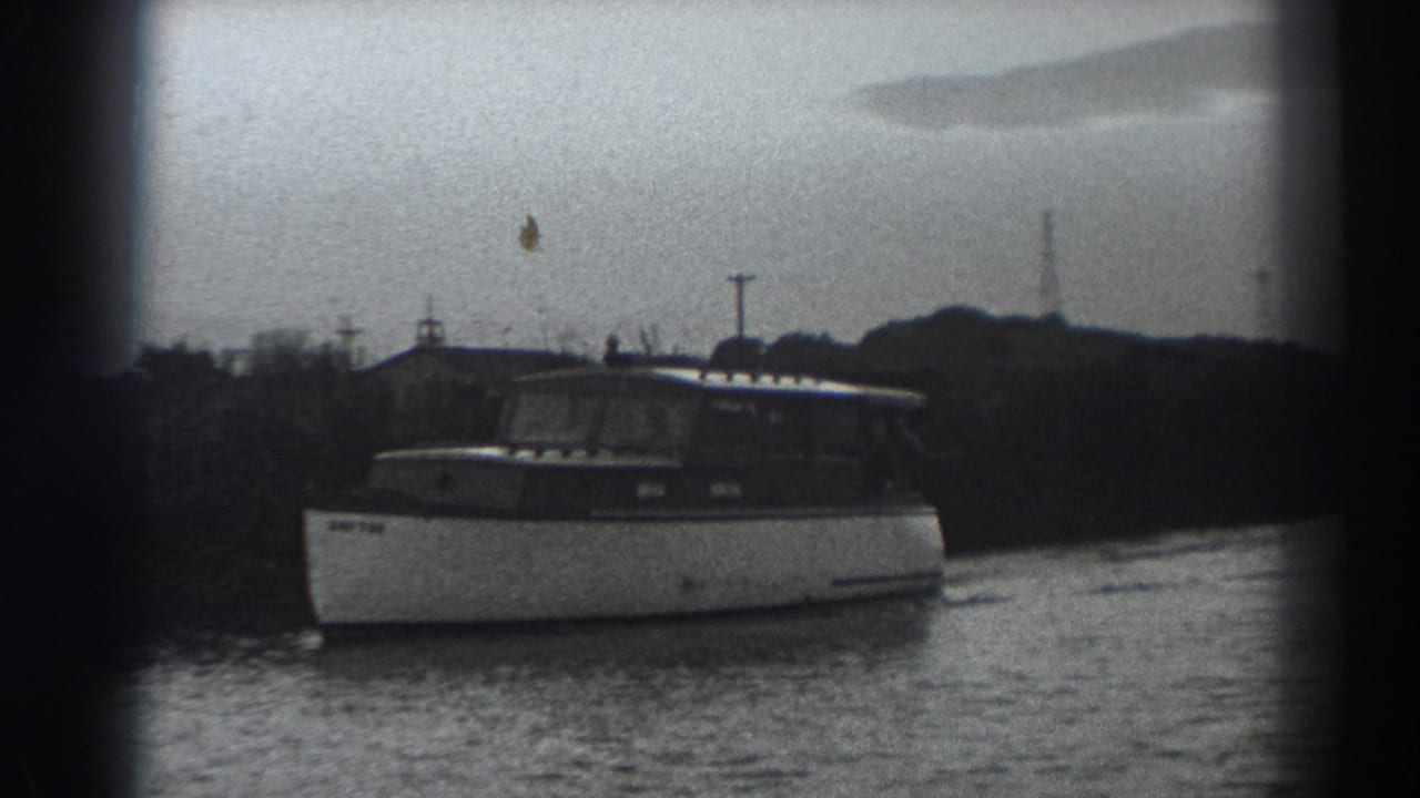 Motorboat passing near shore with dark vegetation and utility poles behind it.
